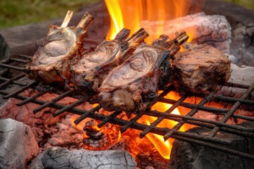 rustic outdoor cooking - lamb chops on campfire coals