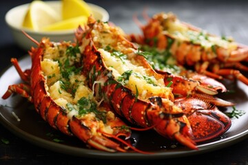grilled lobster with garlic butter sauce nearby - obrazy, fototapety, plakaty