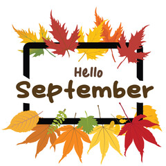 Hello September vector. Autumn design template for decoration, sale banner, advertisement, greeting card and media content. Autumn element illustration. Welcome September letterring. 