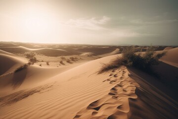 Fototapeta na wymiar A sandy landscape with dunes and a gradient sky. Modern backdrop. Generative AI
