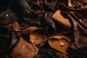 Scraps of faux leather for repurposing. Eco-friendly disposal. Generative AI
