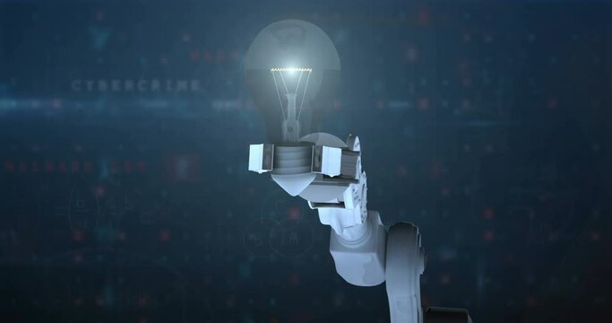 Animation of robot's hand holding lit light bulb over data processing