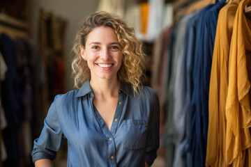 Fototapeta premium Young business woman smiling while standing proudly on her recently opened textile store. Generative AI