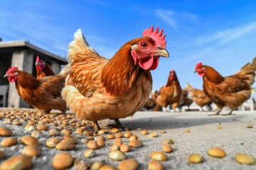 Fototapeta premium close-up of hens pecking at grains on the ground