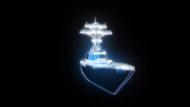 3D wireframe warship rotating on a transparent background. Looped.