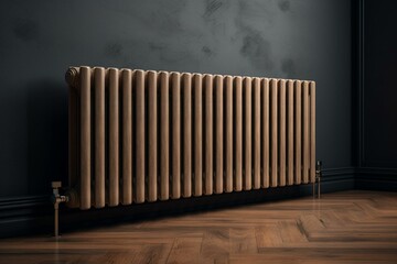 3D wood floor radiator against grey wall. Generative AI