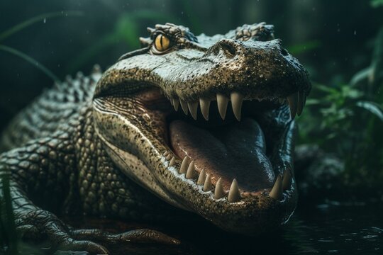 Cheerful gator with mouth wide open. Generative AI