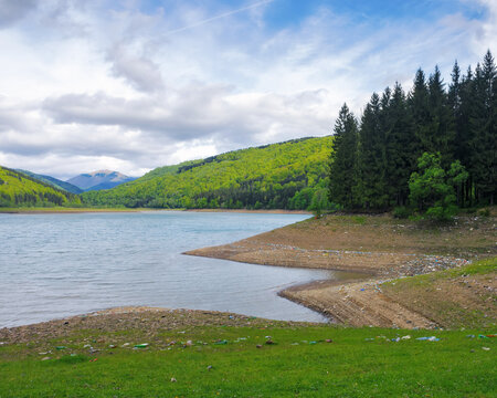 vilshany water reservoir in carpathian mountains. polluted shore of the lake. ecology disaster and climate change concept. water drought