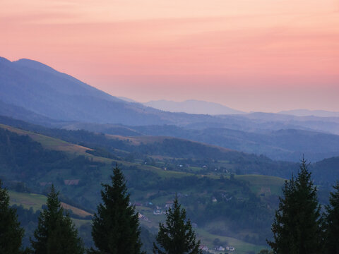 sunset in carpathian mountains. distant rural valley with rolling hills between forested slopes in hazy atmosphere. pink sky