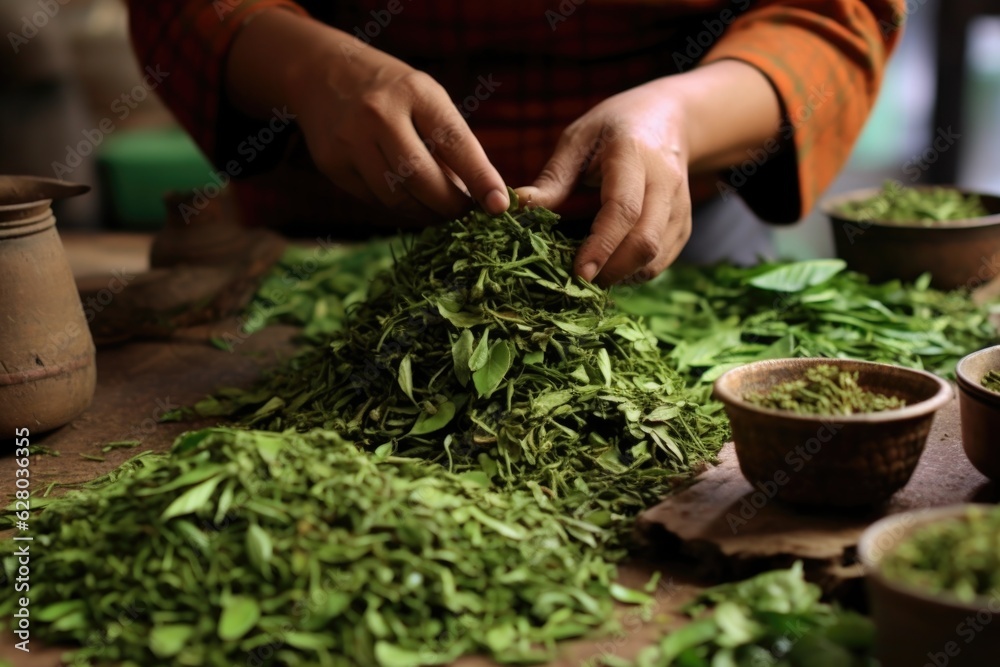 Canvas Prints tea leaves being sorted by size and quality on a table