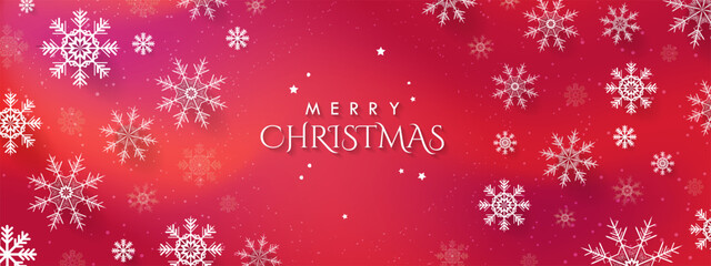 Merry Christmas Banner on beautiful red gradient background with 3d white snowflakes with shadows. Elegant Christmas Banner template. Editable Vector Illustration. EPS 10.