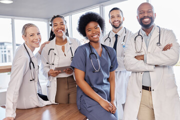Smile, portrait and hospital doctors, people or surgeon team for healthcare, help services or...