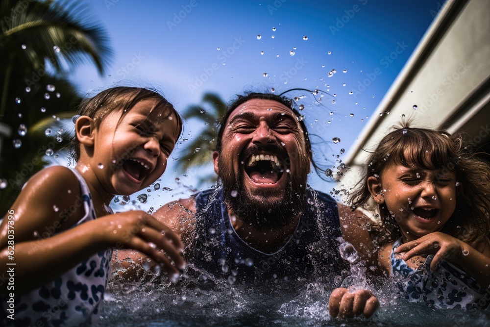 Wall mural Happy children and parents playing with splash pad in swimming pool in summertime