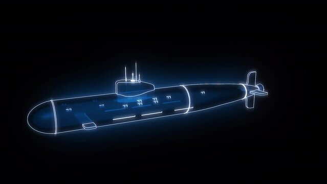 3D wireframe mesh of a submarine rotating on a transparent background. Looped.