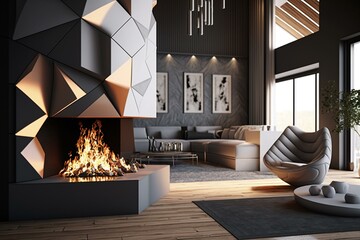 Contemporary indoor space featuring a fireplace in 3D design. Generative AI