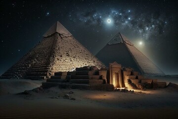 Nighttime pyramids in ancient locations. Generative AI