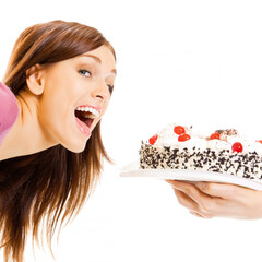 Cheerful woman eating pie, isolated over white background