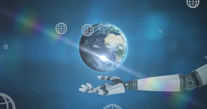 Animation of globes with connections over robot's arm on blue background