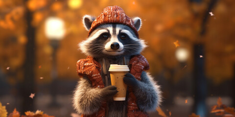 Naklejka premium Cheerful Raccoon in Autumn Attire Enjoying Coffee to Go While Taking a Stroll - AI generated
