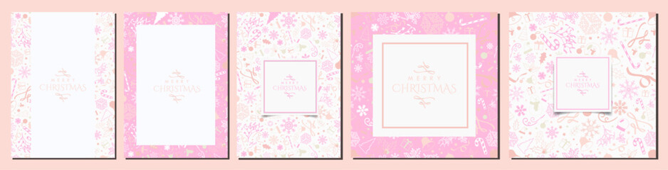 Set of White and Pink Pastel Christmas Background Designs. Beautiful White Christmas Templates with Christmas elements in pink, yellow, peach, magenta. A4 Posters, Greeting Cards, Banners. Vector Art.
