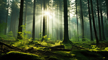 Fototapeta na wymiar Beautiful sunny morning green forest, Wild Forest morning sunbeam, beautiful forest with the sun shining through, Sunrise inside the forest, sun rays in virgin nature, Old tree in sunrise shining