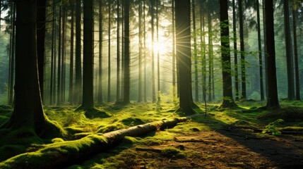 Beautiful sunny morning green forest, Wild Forest morning sunbeam, beautiful forest with the sun shining through, Sunrise inside the forest, sun rays in virgin nature, Old tree in sunrise shining