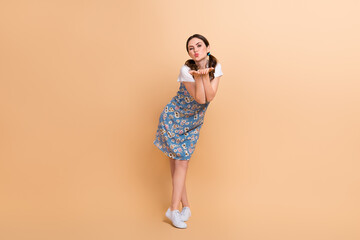 Full length photo of young girl send you air kisses wear trendy dress coquette summertime resort...