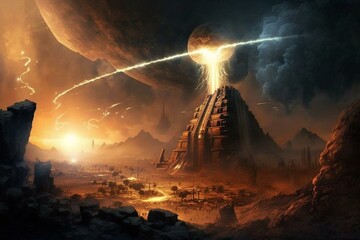 Valley city of ancient aliens at war during a comet impact. Generative AI - obrazy, fototapety, plakaty