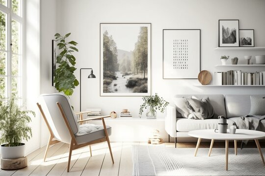 Scandi-themed poster frame in modern living room. Generative AI