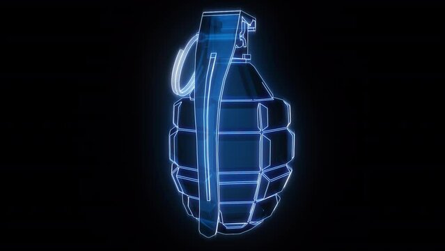 3D wireframe mesh of a grenade rotating on a transparent background. Looped.