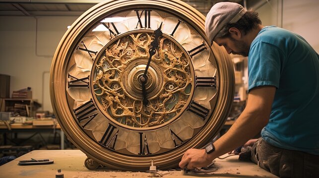 Manufacturing process of antique clocks. Generative AI