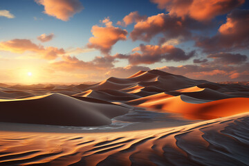 A stunning sunrise over a desert landscape, with the sun's rays illuminating the sand dunes and casting dramatic shadows.  Generative AI technology.