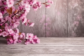 Fototapeta na wymiar Pink Sakura on Light Wood