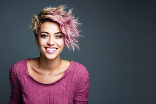 trendy young woman with messy bob hair style blond with pink highlights and big smile
