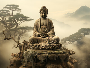 Vintage photograph of Amitabha Buddha, symbolizing enlightenment. Generative AI