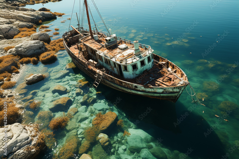 Leinwandbilder shipwreck partially submerged in shallow turquoise waters, with its weathered hull creating an intri