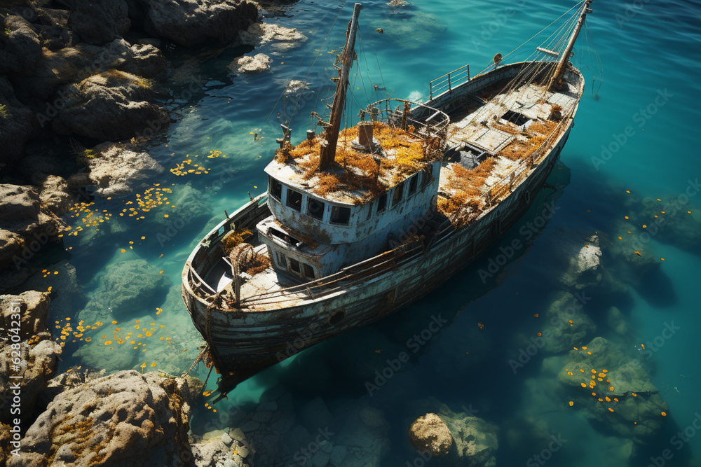 Leinwandbilder shipwreck partially submerged in shallow turquoise waters, with its weathered hull creating an intri
