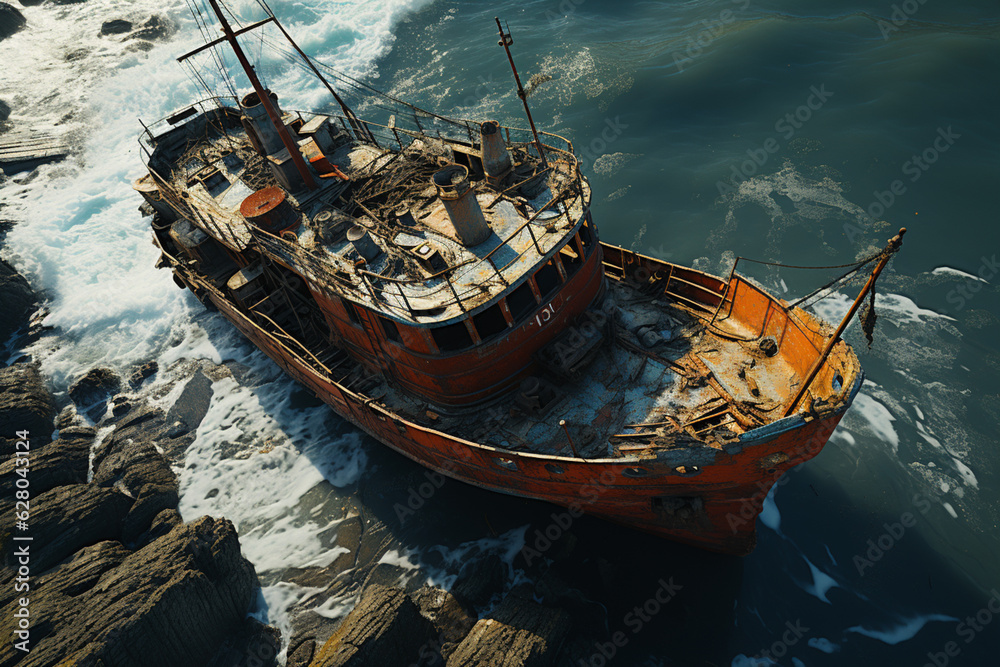 Leinwandbilder shipwreck emerging from a misty ocean, surrounded by rocky cliffs and foaming waves, adding an eleme