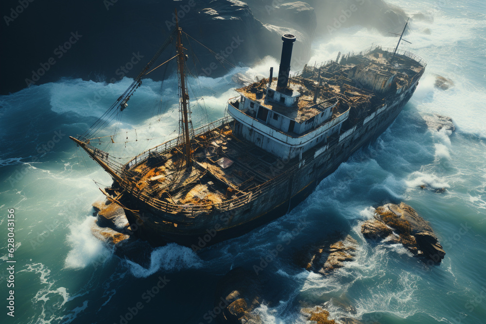 Fototapete shipwreck emerging from a misty ocean, surrounded by rocky cliffs and foaming waves, adding an eleme