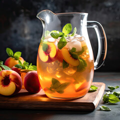A refreshing glass pitcher filled with iced tea and adorned with slices of fresh peaches, mint leaves, and ice cubes, presenting a delicious and cooling summer beverage. 