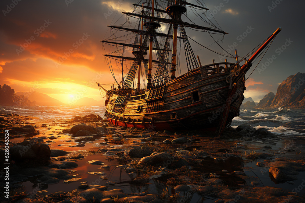 Poster a shipwreck captured at sunrise, with soft golden light casting a warm glow on its decaying frame, o