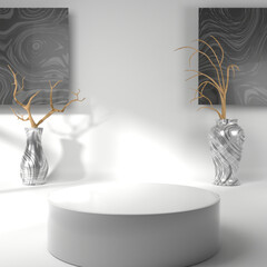 A room with minimal decoration and a podium for product display. 3D rendering