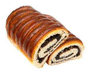 Czech poppy seed strudel isolated on white. Cut across.