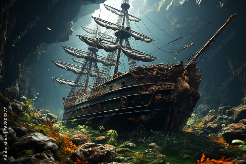 Aufkleber a shipwreck peeking through the water's surface, as if emerging from the depths, generative ai techn