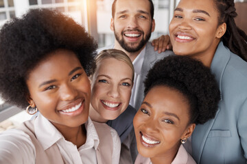 Young business people, group selfie and portrait with diversity, smile on face and teamwork at agency. Employee friends together, memory and happy with photography, profile picture and social media