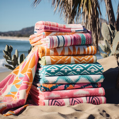 A stack of vibrant beach towels with playful patterns and bold colors, signifying relaxation and sun-soaked days by the water. 