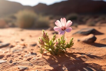 Illustration of a small pink flower blooming on a sandy ground in a vibrant and lively artwork, created using generative AI