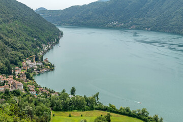 Aerial view of Lake Lugano, Switzerland, from the Sasso delle Parole viewpoint