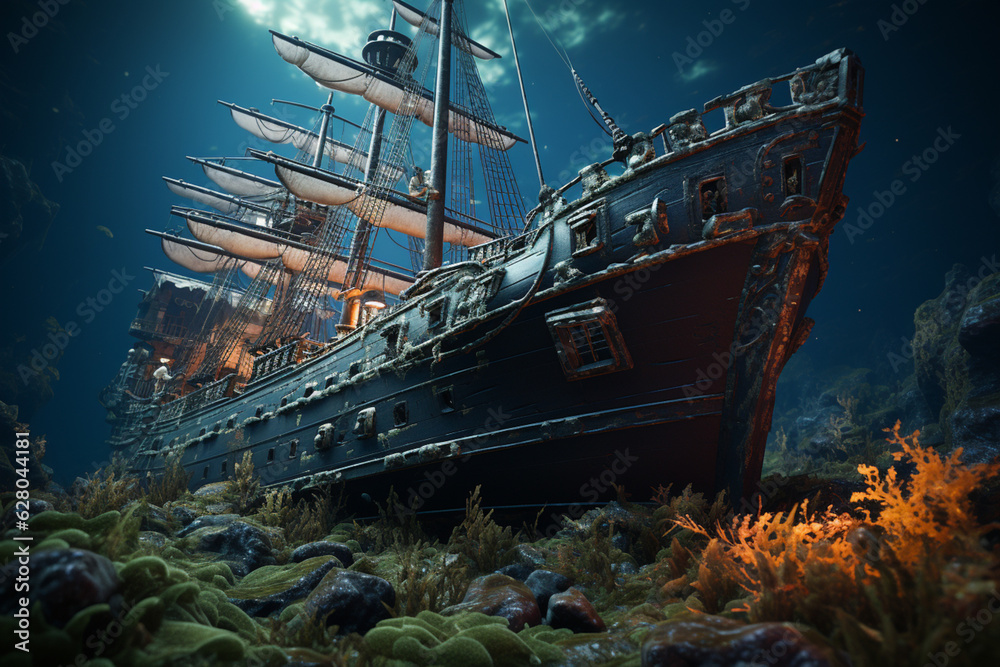 Leinwandbilder a shipwreck illuminated by underwater lights, casting an ethereal glow on its surroundings and revea