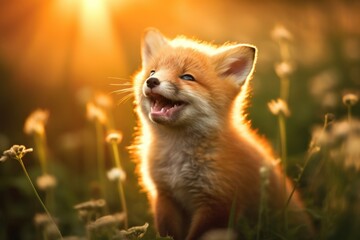 Illustration of a cute baby fox sitting in a vibrant field of grass, created using generative AI